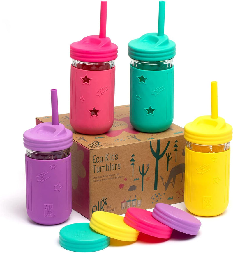 Elk and Friends Smoothie Cups For Kids & Toddler | The Original Glass Mason Jars 12 oz with Silicone Sleeves & Straws |Spill Proof|