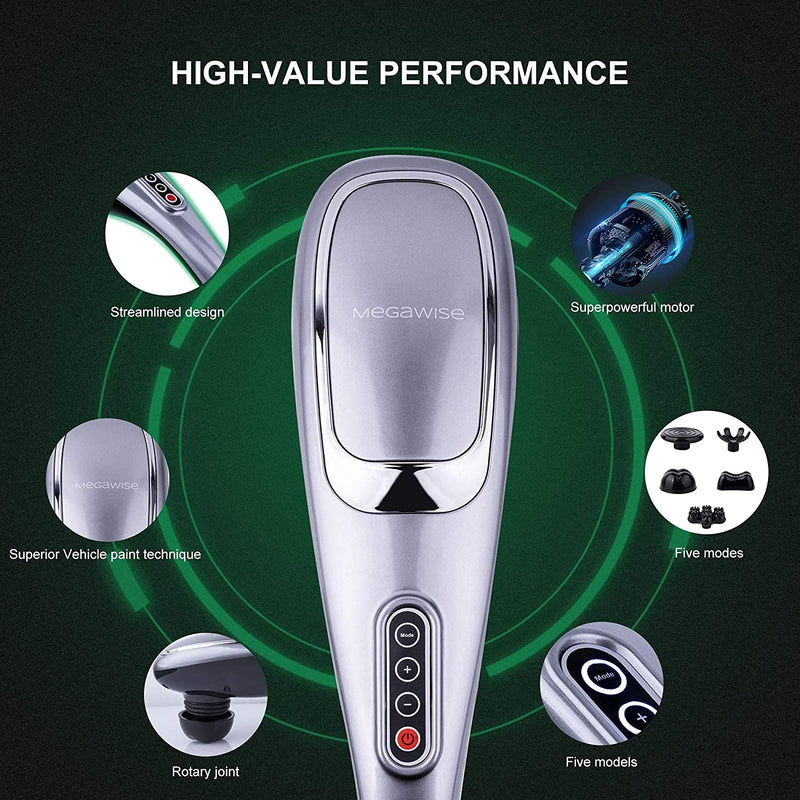 MEGAWISE Handheld Deep Tissue Neck Back Electric Massager for Shoulder, Waist, Leg, 3700 RPM Powerful Motor with 5 +2 Nodes & 5 Speeds, Knotty Muscle, A Little Heavy