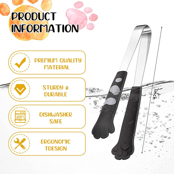 Cat Tongs 7 Inch Food Clips Kitchen Tongs Cat Paw Shape Tongs Stainless Steel Cooking Tongs for BBQ Cooking Grilling Sweets, Sugar (2, Black)