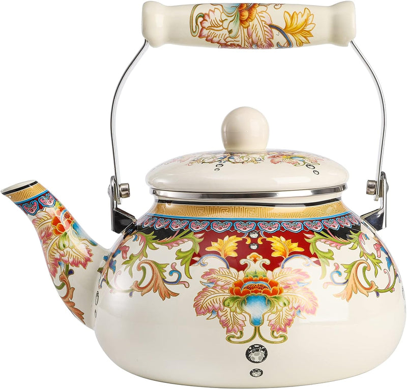 Yarlung 3.3L Enamel Tea Kettle with Tea Infuser, Vintage Floral Teakettle for Stovetop, Colorful Enamel on Steel Teapot with Handle for Hot Water, No Whistling