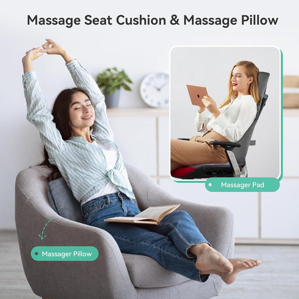 Snailax 2 in 1 Massage Seat Cushion & Massage Pillow, Back Massager with Heat and Vibration for Neck,Shoulder,Back,Abdomen,Leg,6 Vibration Motors,3 Heating Levels,Gift for Mom Woman Dad Man,Grey