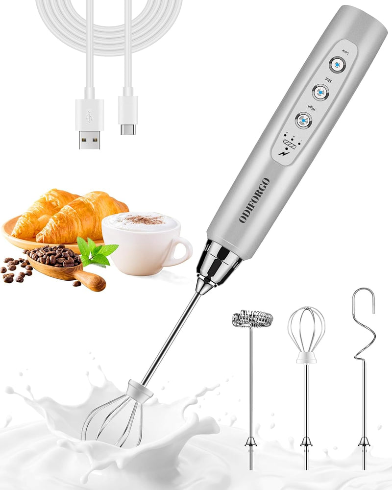 ODIFORGO Rechargeable Milk Frother Handheld, Electric Drink Mixer with 3 Stainless Whisks 3 Speed Adjustable, Coffee Foam Maker, Electric Whisk, Coffee Frother Wand for Latte Matcha Protein Powder