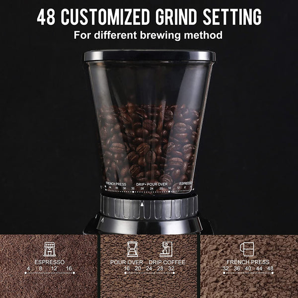 ACKZOT Coffee Grinder, Anti-Static Conical Burr Coffee Bean Grinder with 48 Precise Grind Settings for Espresso/Drip/Pour Over/French Press, 2-12 Cups, Uniform Grinding for Full Coffee Flavor