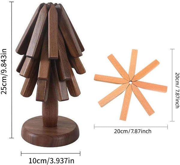 Christmas Coasters Wooden Trivets for Hot Dishes - Christmas Tree Shaped Trivet Mats - Foldable Placemats for Hot Pot/Bowl/Teapot Christmas Table Decoration (Walnut)