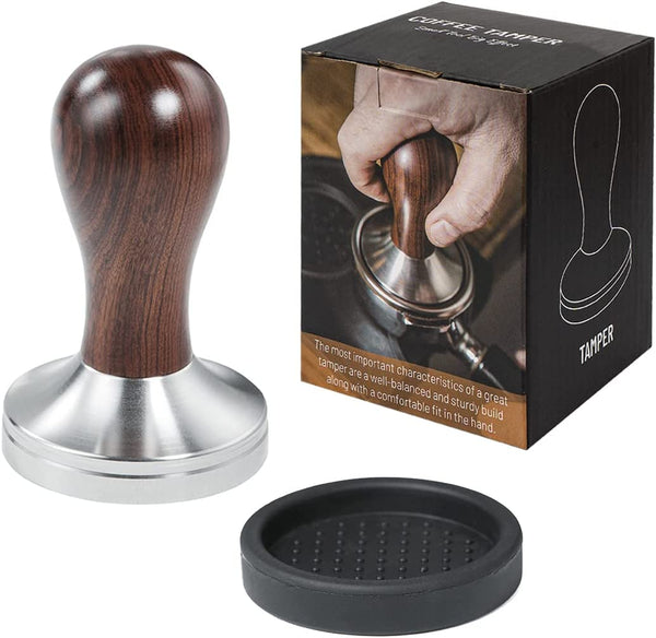 Coffee Tamper Espresso Press with Tamper Mat 304 Stainless Steel Flat Base Wooden Handle for Coffee Grounds Barista Espresso Machines Accessory (51MM)