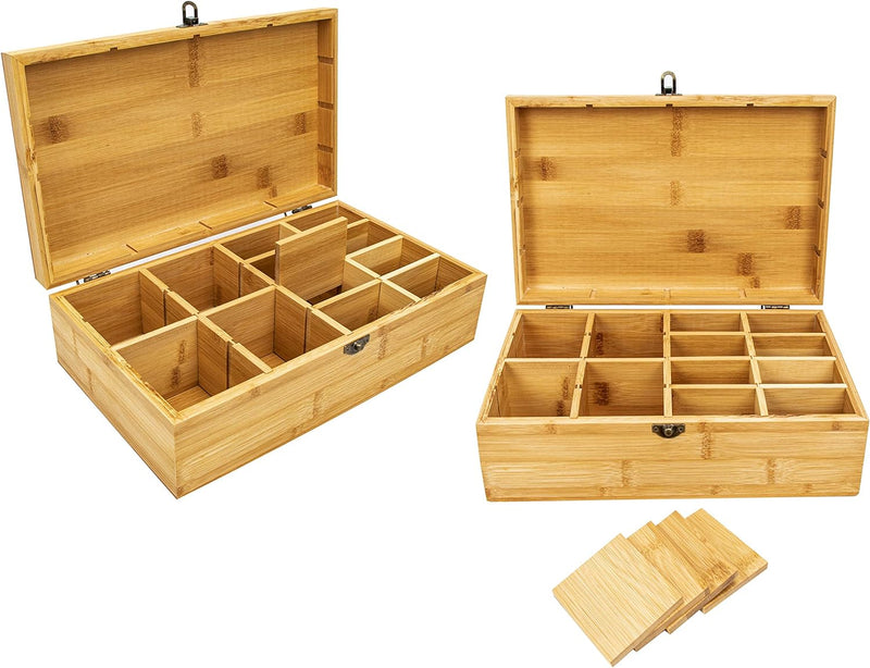 Beyond Your Thoughts Bamboo Tea Box Father's Day Gift Tea Chest Adjustable 16 Compartments Tea Storage Holder Organizer with Latching Lid Leaves