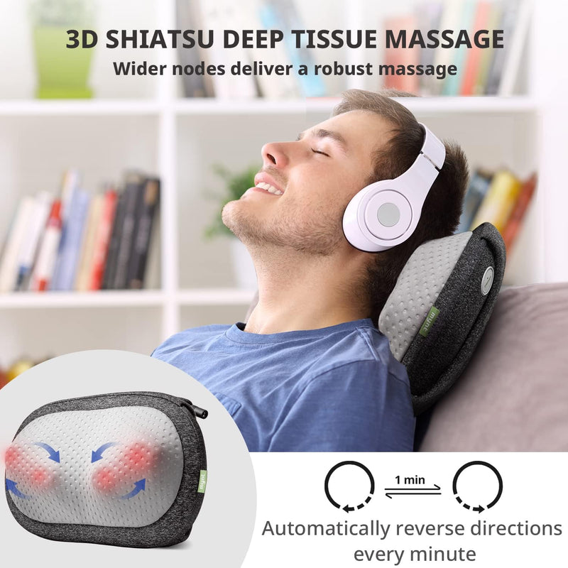 Mynt Cordless Neck and Back Massager with Heat - 3D Deep Kneading Shiatsu Massage Pillow, Rechargeable and Unplugged, Battery Operated Massager Pillow