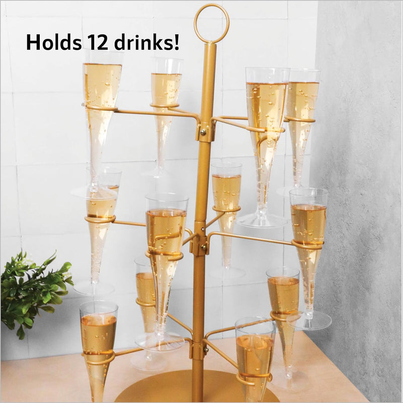 Cocktail Tree Stand, Wine Glass Flight Tasting Display for Drinks, 3 Tier - 12 Holders for Champagne, Cocktails, Martini, Margarita Cups at Weddings, Bridal Shower, Mimosa Bar Parties & Events (Gold)