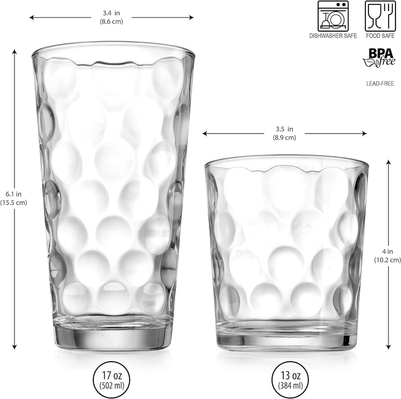 Drinking Glasses Set Of 16 - By Home Essentials & Beyond - 8 Highball Glasses (17 oz.), 8 Rocks Whiskey Glass cups (13 oz.), Inner Circular Lensed Glass Cups for Water, Juice and Cocktails.