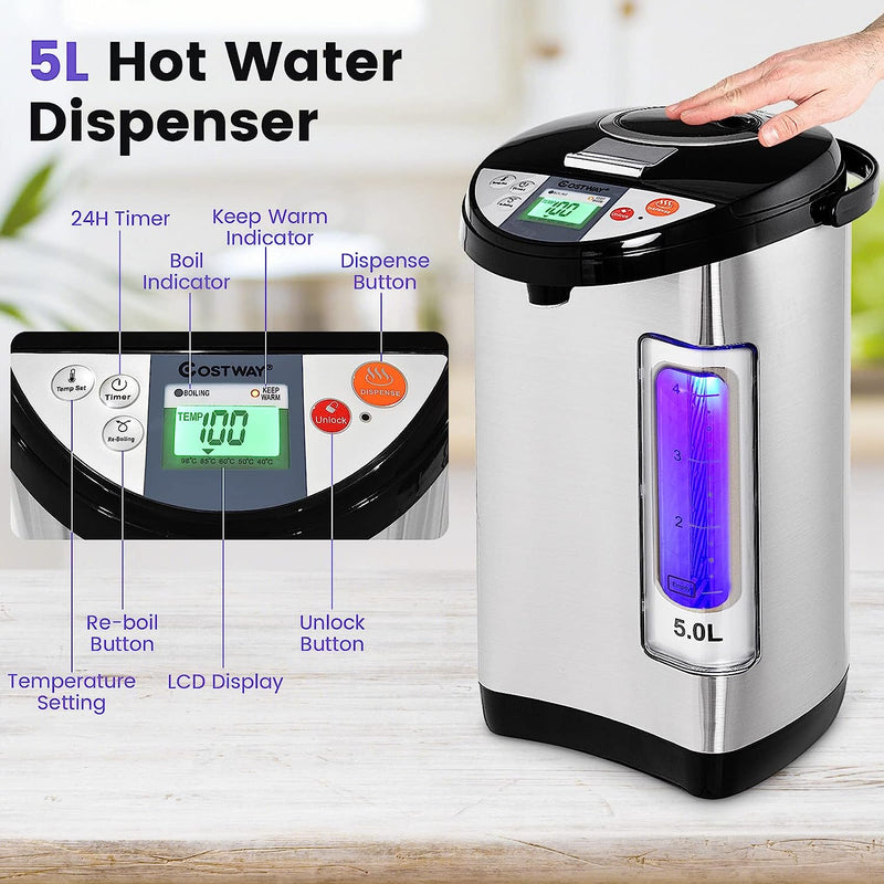 COSTWAY Instant Electric Hot Water Boiler and Warmer, 5-Liter LCD Water Pot with 5 Stage Temperature Settings, Safety Lock to Prevent Spillage, Stainless Steel Hot Water Dispenser