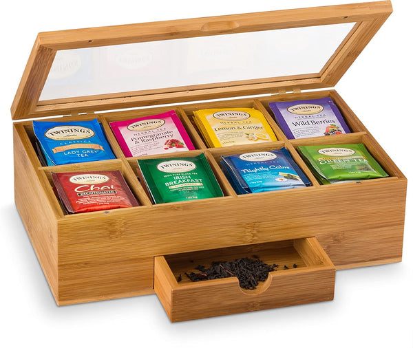 Tea Bag Organizer - Tea Organizer: Wooden Tea Box with 8 Compartments, Acrylic Window, and Magnetic Lid, Made of Bamboo - Keeps Tea Bags Fresh (Tea Not Included) - Ideal Christmas Gifts