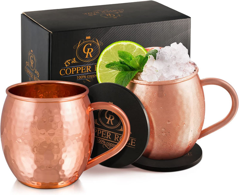 KoolBrew Copper Roze Moscow Mule Copper Mugs Gift Set of 2 Copper Mule Mugs and 2 Coasters, 100% Pure Solid Copper Cups with Hammered Finish