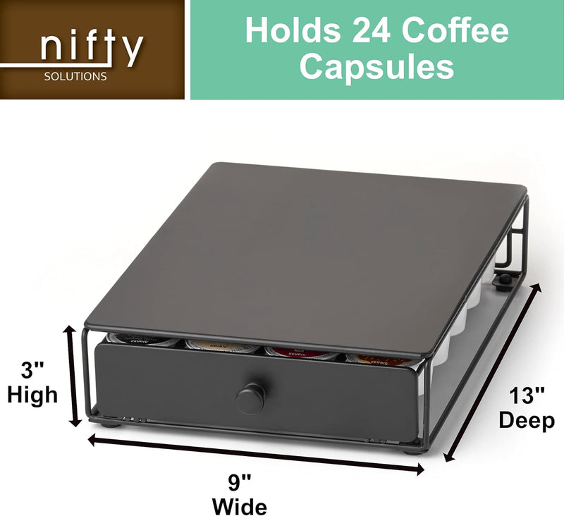 Nifty Coffee Pod Mini Drawer – Black Finish, Compatible with K-Cups, 24 Pod Pack Holder, Non-Rolling, Under Coffee Pot Storage, Sliding Drawer, Home Kitchen Counter Organizer