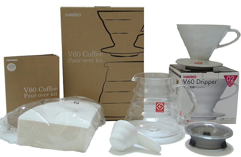 Hario V60 Coffee Pour Over Kit Bundle Set - Comes with Ceramic Dripper, Range Server Glass Pot, Measuring Spoon, and 100 Count Package of Hario 02W Coffee Filters