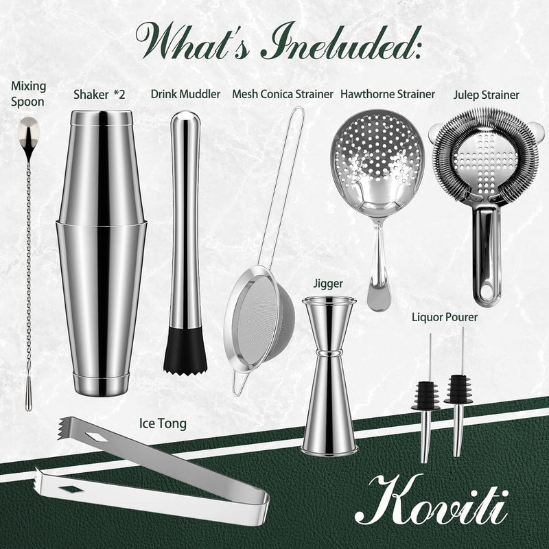 Cocktail Shaker - Koviti 12 Piece Bartender Kit - Stainless Steel Cocktail Shaker Set, Premium Bar Tools : Martini Shaker, Muddler, Jigger, Mixing Spoon, Strainers, Ice Tong, Liquor Pourers