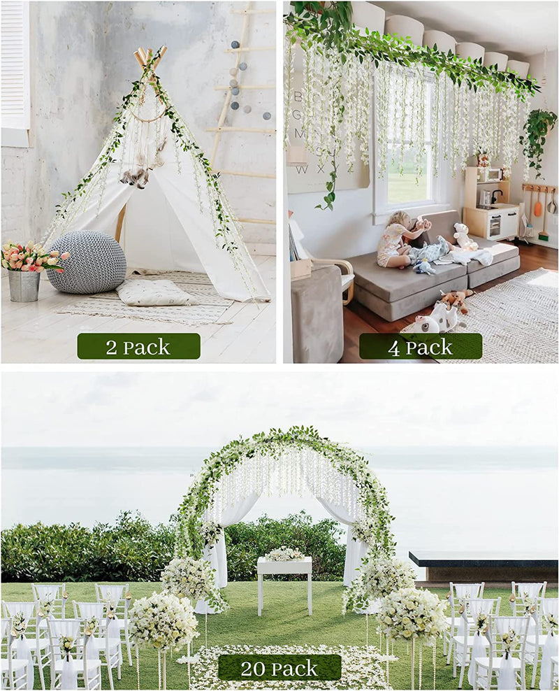 Artificial White Wisteria Vine Silk Hanging Flowers - 6 Feet 4-Pack for Weddings Parties and Home Decor