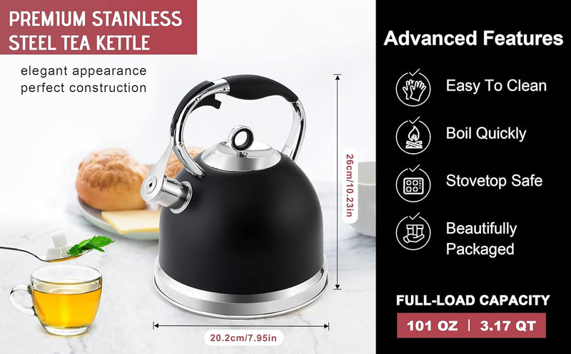 Tea Kettle - HIHUOS 3.17QT Whistling Tea Pots for Stove Top - Sleek 18/8 Stainless Steel Stovetop Kettle, Easy-grip Handle With Trigger Opening Mechanism, 1 Free Silicone Pinch Mitt Included (Black)