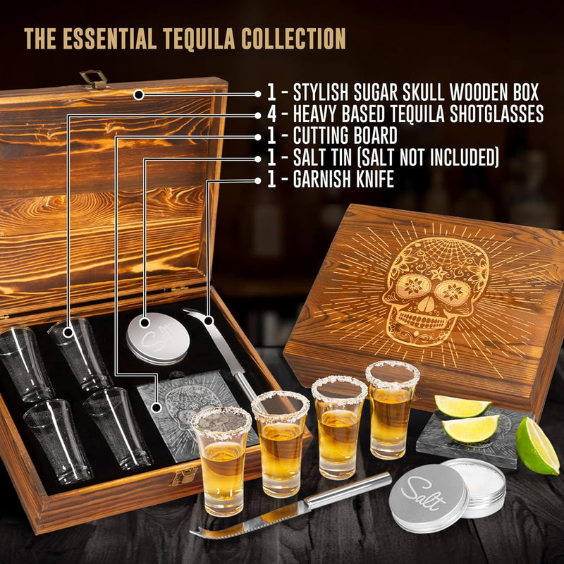 Atterstone Tequila Shot Glass Sugar Skull Wooden Box Set for Men and Women - 4 Premium Shot Glasses, Garnish Knife, Lime Cutting Stone, Salt Tin, Perfect for Themed Parties