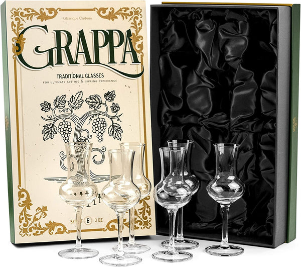 Crystal Grappa and Cordial Glasses | Set of 6 | Small 3 oz Long Stemmed Spirit Glassware for Liqueur, After Dinner Drink, Aperitif, Digestive | Tulip Shaped Liquor Stemware for Nosing, Sipping