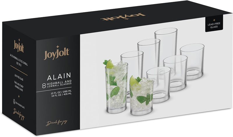 JoyJolt Alain Drinking Glasses Set of 8 Glass Tumblers. Highball 14oz Bar Glasses and Lowball 10oz Rocks Glasses Set. Cocktail, Juice, Whiskey Glasses or Water Glasses. Kitchen or Bar Glassware Set