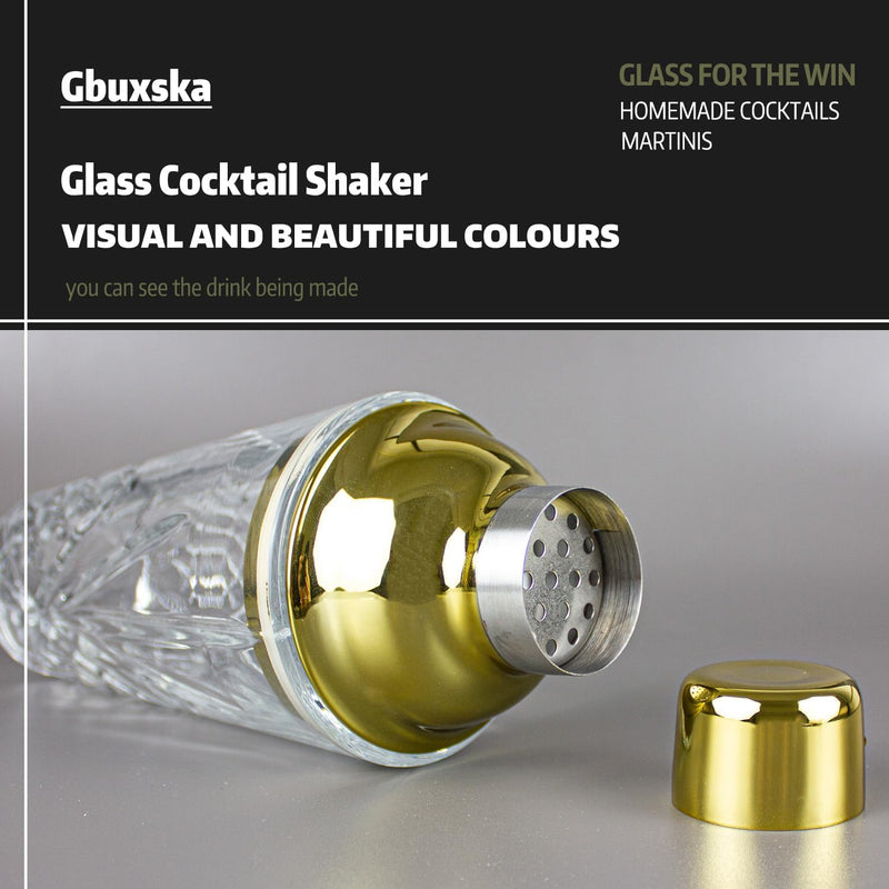 Gbuxska Glass Cocktail Shaker Kit, 14.5 Ounce Martini Mocktail Making Set with Leakproof Metallic Steel Lid & Strainer for Home Use & Bar Cart Gold