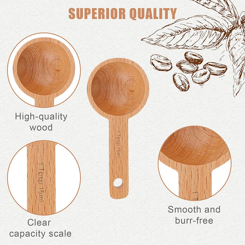 AIEX 4pcs 15ml Wood Coffee Scoops, Coffee Spoon in Beech Wooden Measuring Spoons Set Ground Coffee Scoop 1 Tablespoon for Measuring Ground Beans Tea Home Kitchen Accessories