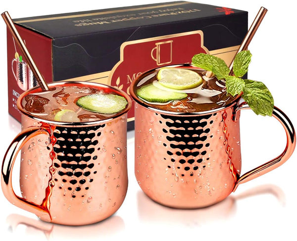 Moscow Mule Copper Mugs - Set of 2, Gift Box, 17Oz Traditional Design Handcrafted Cocktail Copper Cups, Food Safe 100% Authentic Pure Solid Copper Mug Set with Brass Handle & Copper Straws (Copper, 2)