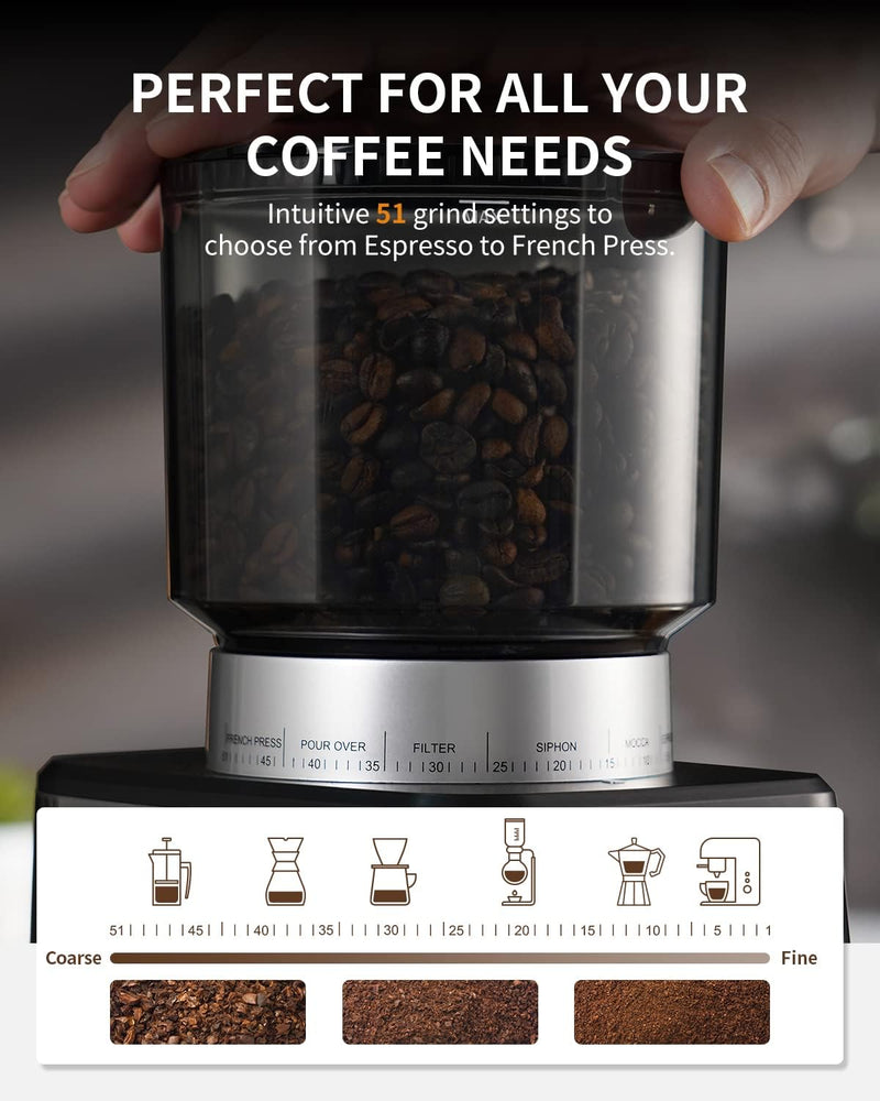 SHARDOR Anti-static Conical Burr Coffee Bean Grinder for Espresso with Precision Timer, Touchscreen Adjustable Electric Burr Mill with 51 Precise Settings for Home Use, Brushed Stainless Steel