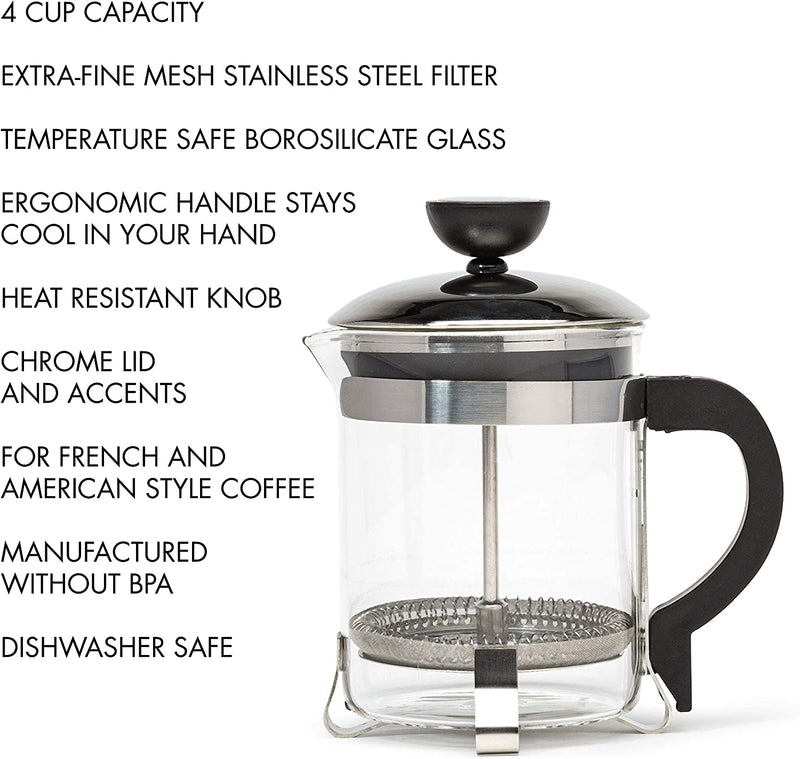 Primula 4 Cup Classic Coffee Press, Chrome - 0.45 Liters