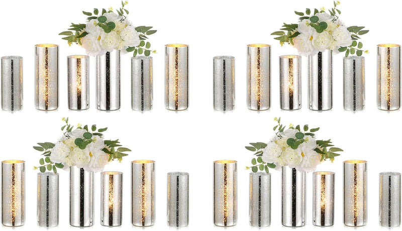Glass Cylinder Vases Set of 6, Hewory Glittery Silver Vase for Centerpieces, Hurricane Candle Holders for Pillar or Floating Candle, Round Tall Vase for Wedding Anniversary Events Home Table Decor