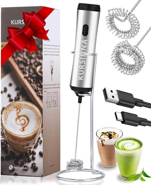 KURSINNA Powerful Rechargeable Milk Frother Handheld, USB-C Charge Foam Maker with 2 Stainless Steel Whisk & Stand, Powerful Mini Mixer Coffee Frother for Frappe, Latte, Matcha (13000RPM USB-C Charge)