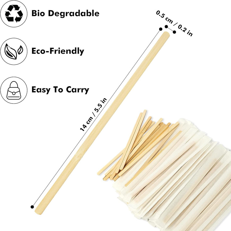 100pcs Bamboo Coffee Stirrers Individually Wrapped, 5.5 Inch Disposable Wood Swizzle Stick Beverage Mixer, Eco Friendly Long Wood Stir Sticks for Mixing Cocktail Hot Chocolate Drinking Tea