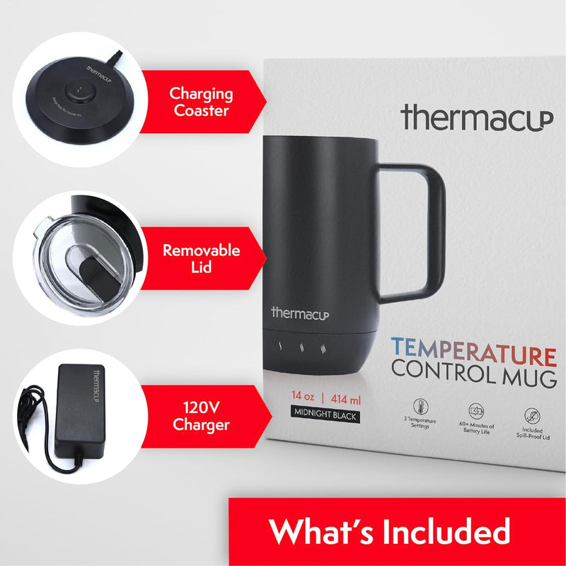 Thermacup Premium Self-Heating Coffee Mug with Lid, Temperature Controlled Led Electric Mug, 3 Custom Heat Settings, Auto Shut Off Feature, Keeps Liquids Warm, Sip Smarter (Midnight Black – 14 oz.)