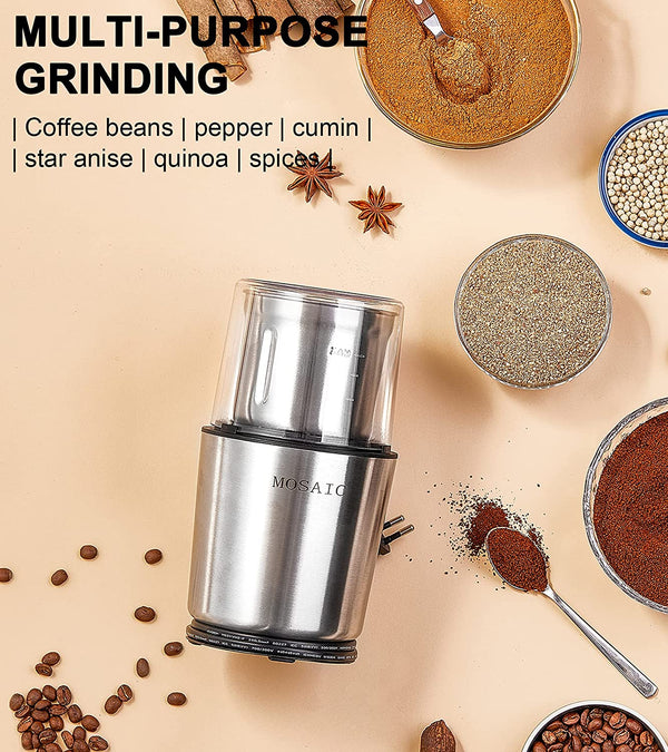 Coffee Grinder Electric, MOSAIC Herb Grinder, Spice Blender and Espresso Grinder with 2 Dishwahser Safe Stainless Steel Bowls for Coffee, Herb and Spices, Silver