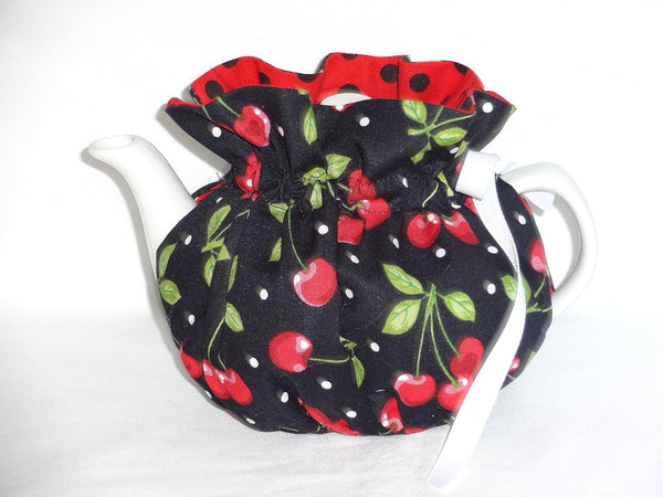2 Cup Pretty Cherries on Black Reversible Tea Pot Cozy