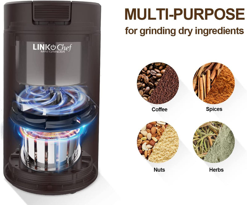Coffee Grinder with Brush, LINKChef 200W Spice Grinder with Stainless Steel Blade for Seed Bean Nut Herb Pepper & Grain, Lid Activated Safety Switch, Brown, CG-8420