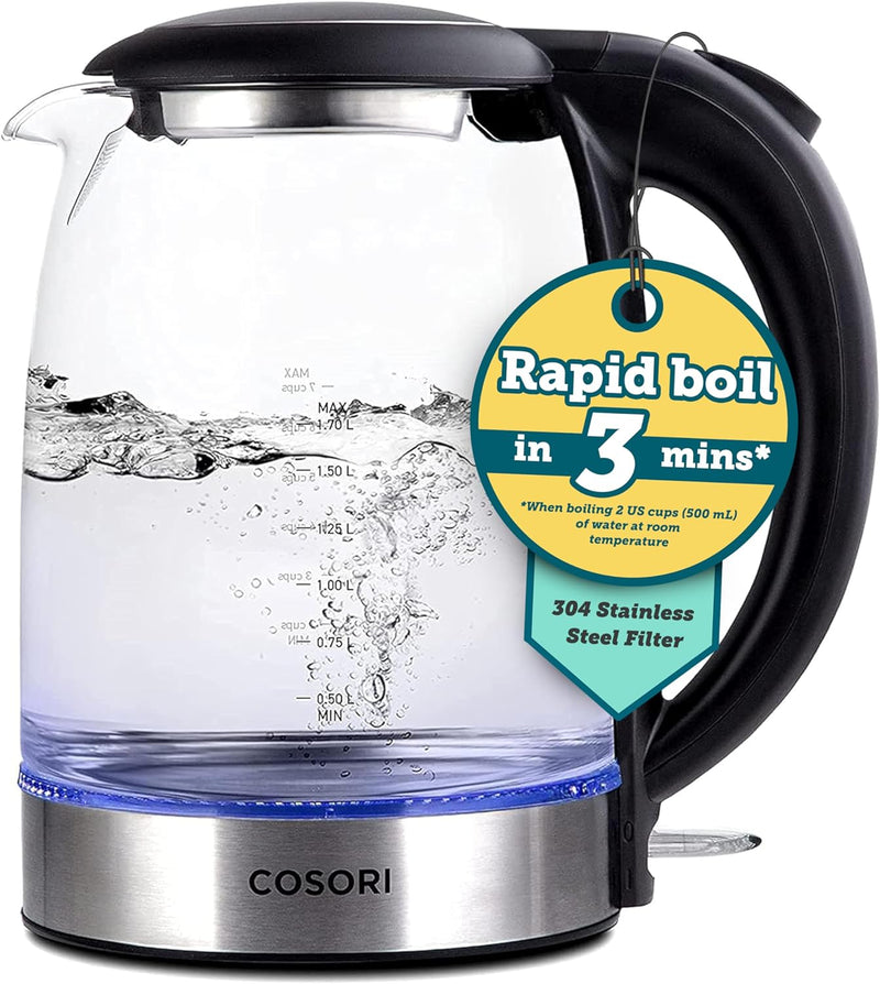 COSORI Speed-Boil Electric Tea Kettle, 1.7L Hot Water Kettle (BPA Free) 1500W Auto Shut-Off & Boil-Dry Protection, LED Indicator Inner Lid & Bottom, Transparent