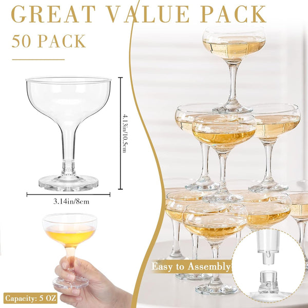 Zopeal 50 Pcs Champagne Glasses 5 oz Unbreakable Plastic Martini Glasses Disposable Wine Cups Stackable Stemmed Champagne Coupe Shatterproof Party Stem Cups for Wedding Birthday Bar Margarita (Clear)