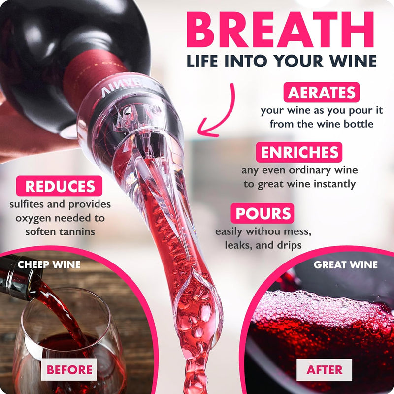 VINABON Wine Aerator Pourer Spout - Professional Quality Wine Aerator Attaches to Wine Bottle for Improved Flavor, Enhanced Bouquet, Rich Finish and Bubbles, No-Drip, Spill. Includes WineGuide Ebook