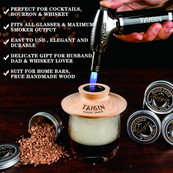 Cocktail Smoker Kit with Torch, Four Kinds of Wood Chips for Whiskey and Bourbon. Infuse Cocktails, Wine, Whiskey, Cheese, Salad and meats. For Your Friends, Husband, Dad.（No Butane）