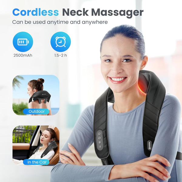 COMFIER Shiatsu Neck and Shoulder Massager, 4D Deep Kneading Cordless Neck and Back Massager with Heat, Electric Rechargeable Massage Pillow for Neck Shoulder Back Leg-Home Office and Car use