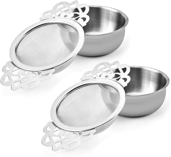 Picowe 2 Pack Tea Strainer Bowl, Stainless Steel Sliver Tea Strainers for Loose Tea Fine Mesh for 2.5-4 Inch Cup Mouth