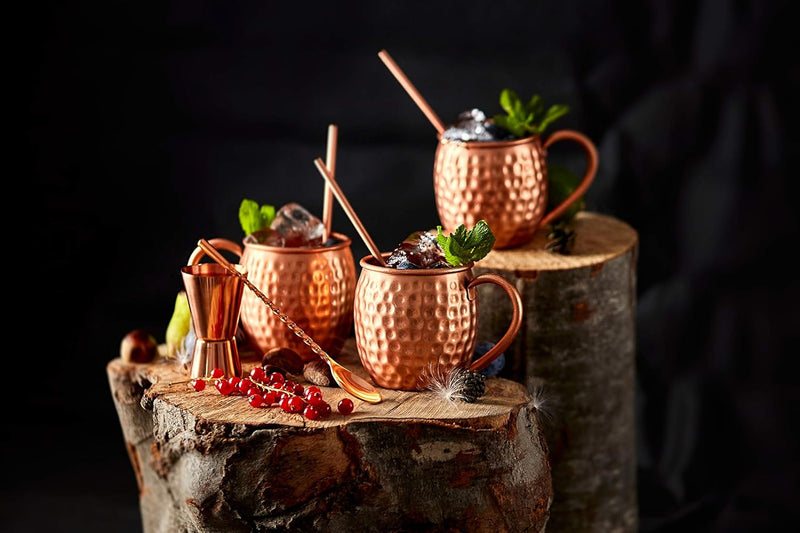 ALARUE Moscow Mule Copper Mugs Set - 4 Authentic Handcrafted Mugs (16 oz.) with 4 Copper Straws, Stirrer and Jigger - Food Safe Pure Solid Copper - Gift set with Recipe Book