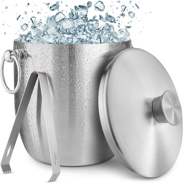 Zulay 3 Liter Double-Wall Insulated Ice Bucket for Cocktail Bar - Ice Buckets for Parties, Outdoor & Indoor - Stainless Steel Ice Bucket with Lid, Strainer & Tongs Included