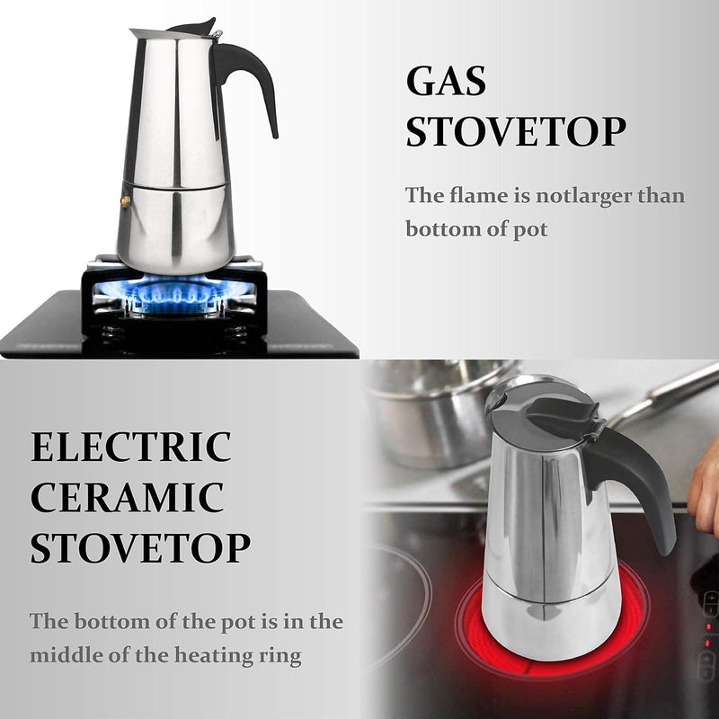 elabo Stovetop Espreeso Machine and Moka Pot for Gas or Electric Ceramic Stovetop, Italian Espresso Coffee Shot Maker for Italian Espresso, Cappuccino and Latte, Stainless Steel, 10 Cups