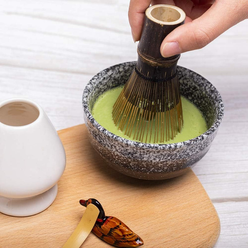 Bamboo Matcha Tea Whisk Set (Chasen) Matcha Bowl (Chawan) Bamboo Scoop (Chashaku) Ceramic Whisk Holder Handmade Matcha Ceremony Starter Kit For Traditional Japanese Tea Ceremony (7 Pcs).