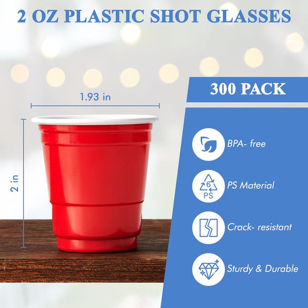 Lilymicky 300 PACK 2 oz Plastic Shot Glasses, Red Disposable Shot Cups, Mini Red Shot Cups, 2 oz Party Cups for Christmas Party