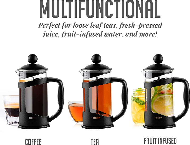 OVENTE 12 Ounce French Press Coffee, Tea and Espresso Maker, Heat Resistant Borosilicate Glass with 4 Filter Stainless-Steel System, BPA-Free Portable Pitcher Perfect for Hot & Cold Brew, Black FPT12B