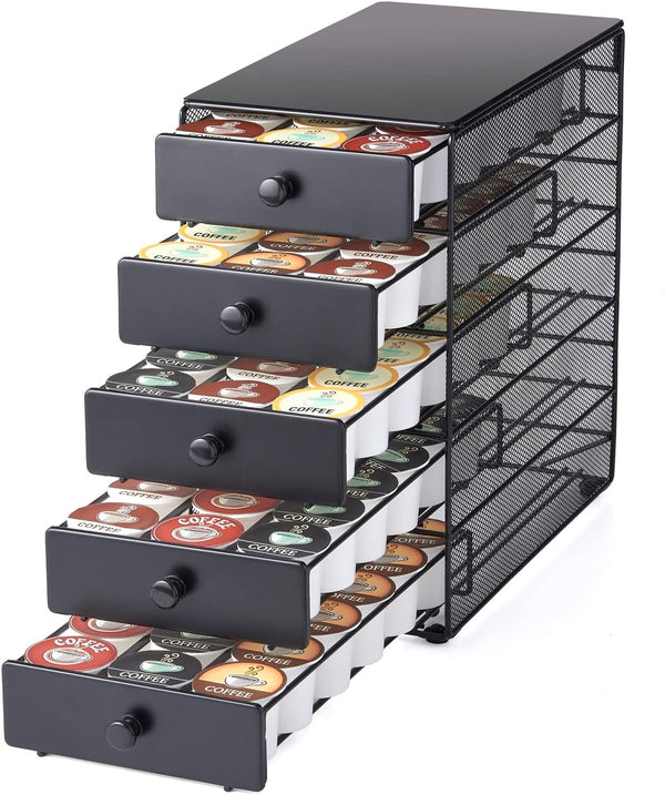 Nifty Coffee Pod Drawer – Black Satin Finish, Compatible with K-Cups, 90 Pod Pack Capacity Rack, 5-Tier Holder, XXL Storage, Stylish Home or Office Kitchen Counter Organizer