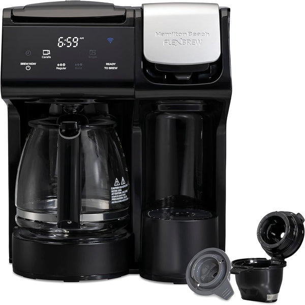 Hamilton Beach FlexBrew Trio 2-Way Works with Alexa Smart Coffee Maker, Compatible with K-Cup Pods or Grounds, Single Serve or Full 12c Pot, 56 oz. Removable Reservoir, Black (49911)